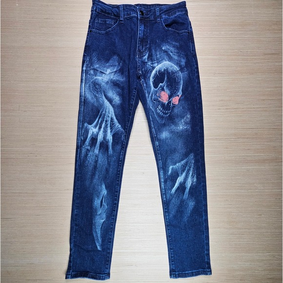 Skull Jeans Mens 30 Slim Fit Skinny Dark Blue Graphic Novelty Fits 28x30 - Picture 1 of 11